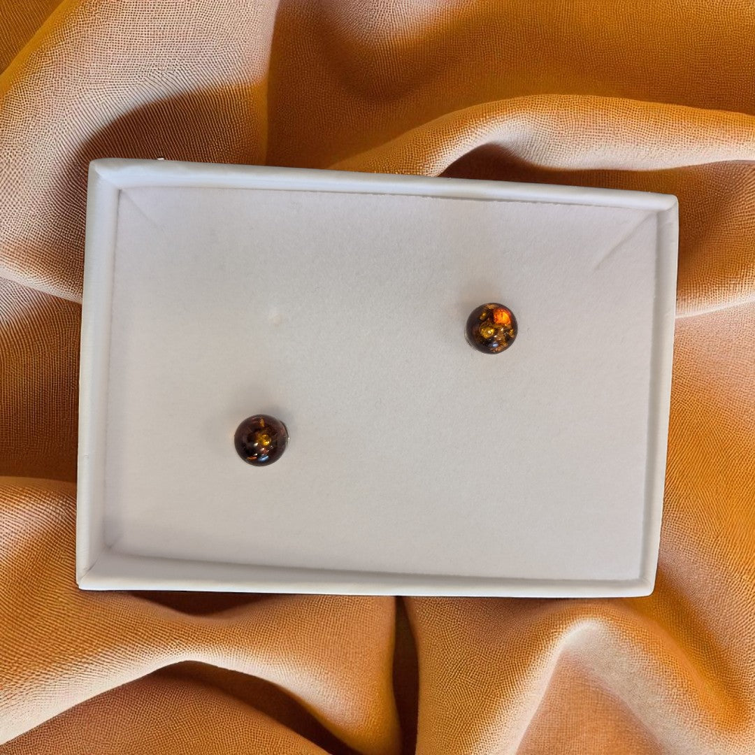 Sterling Silver Baltic Amber Round Stud Earrings