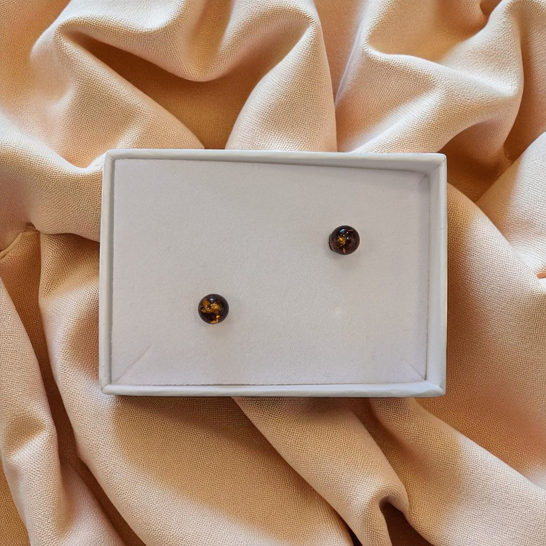 Sterling Silver Baltic Amber Round Stud Earrings
