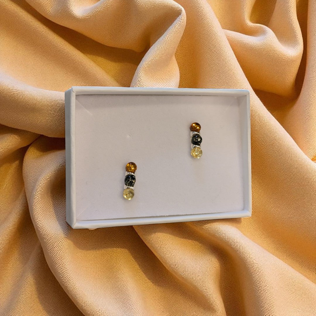 Sterling Silver Tri Coloured Amber Three Stone Stud Earrings