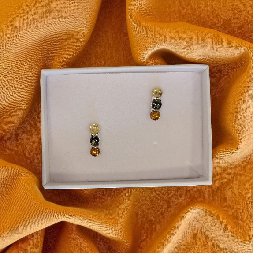 Sterling Silver Tri Coloured Amber Three Stone Stud Earrings