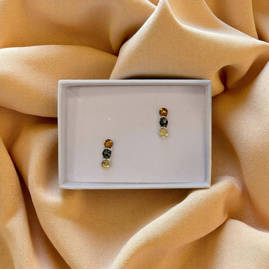 Sterling Silver Tri Coloured Amber Three Stone Stud Earrings