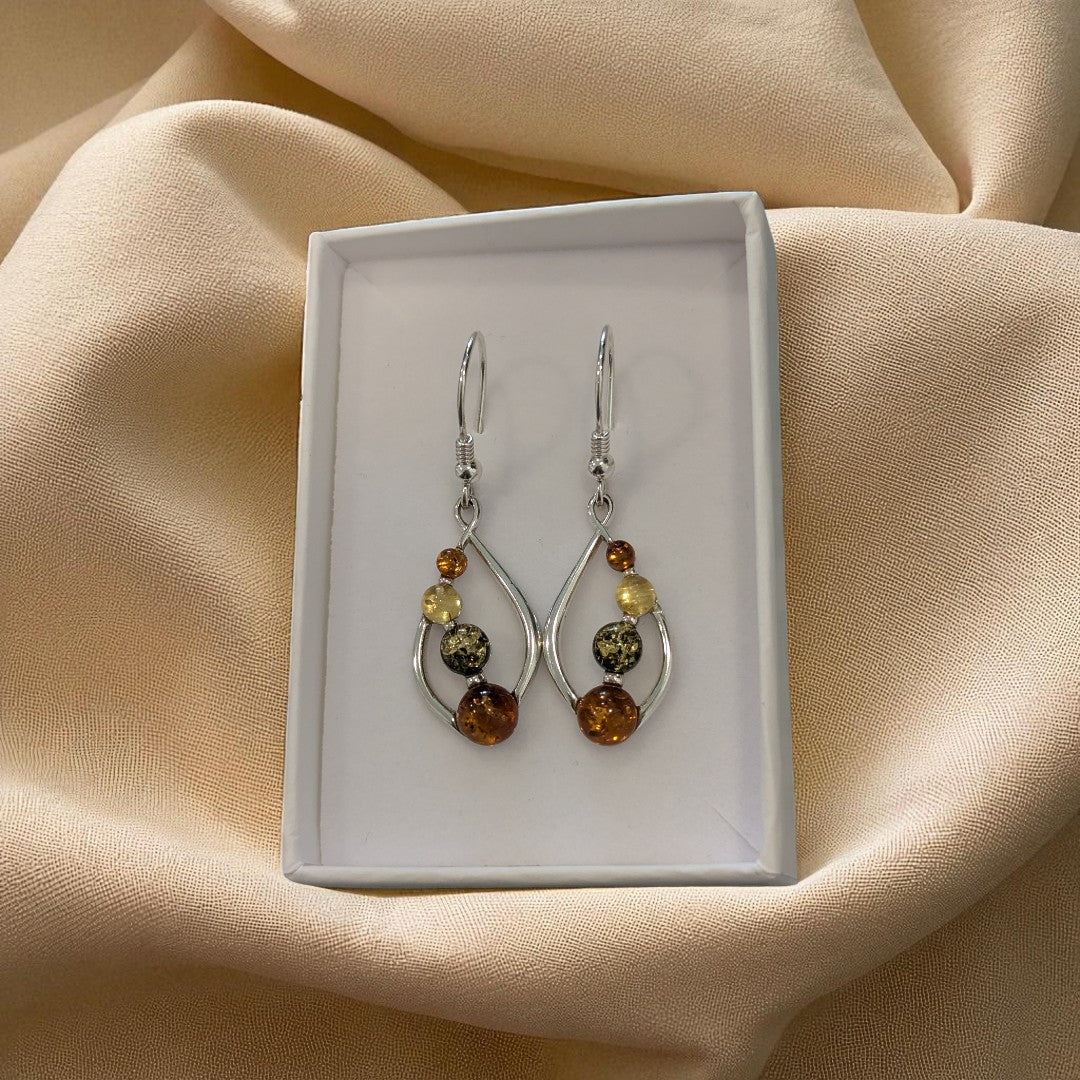 Sterling Silver Tri Coloured Amber Four Stone Drop Earrings