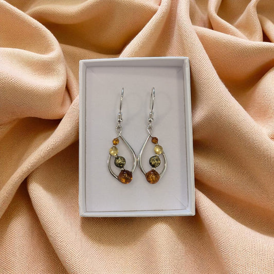 Sterling Silver Tri Coloured Amber Four Stone Drop Earrings