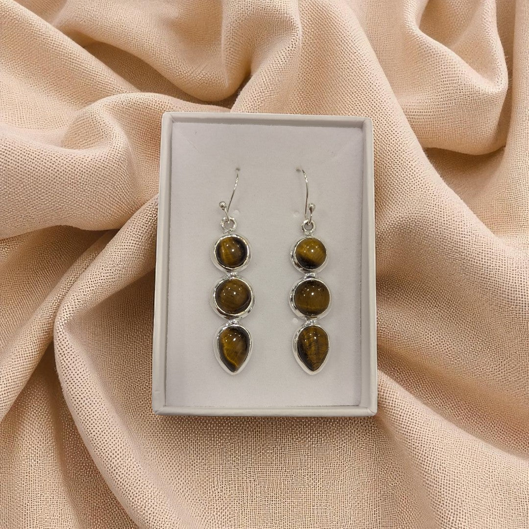 Sterling Silver Tiger's Eye Multi Stone Drop Earrings 1.75"