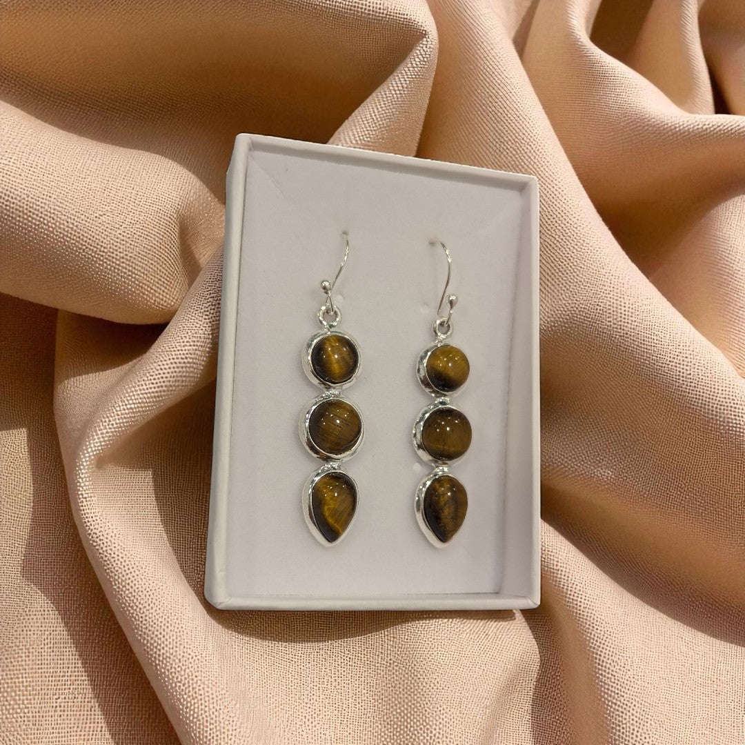 Sterling Silver Tiger's Eye Multi Stone Drop Earrings 1.75"