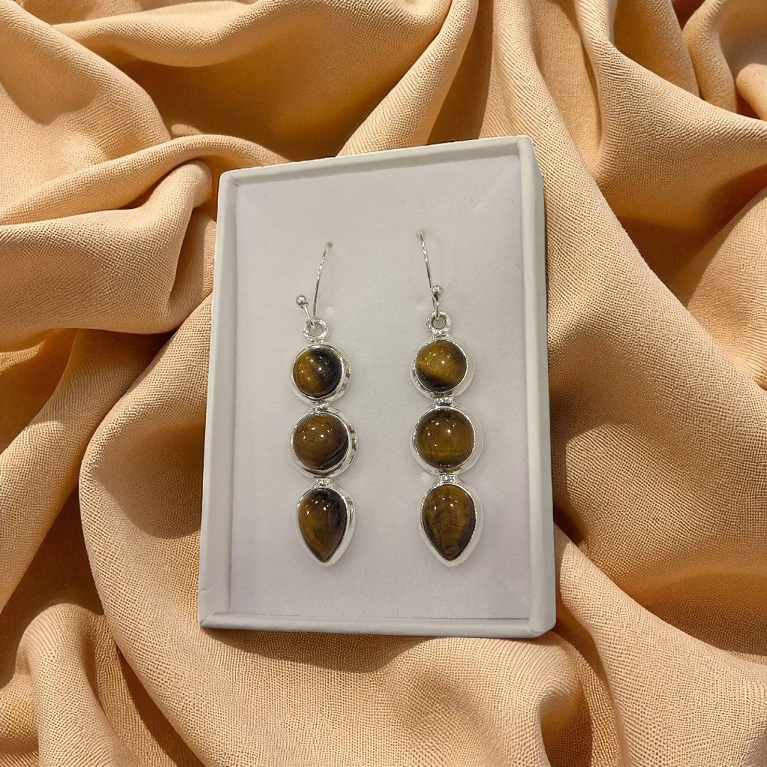Sterling Silver Tiger's Eye Multi Stone Drop Earrings 1.75"