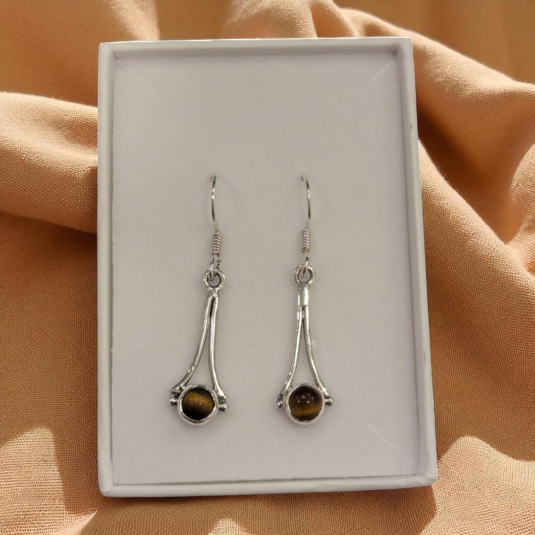 Sterling Silver Tiger's Eye Hanging Style Drop Earrings 1.25"