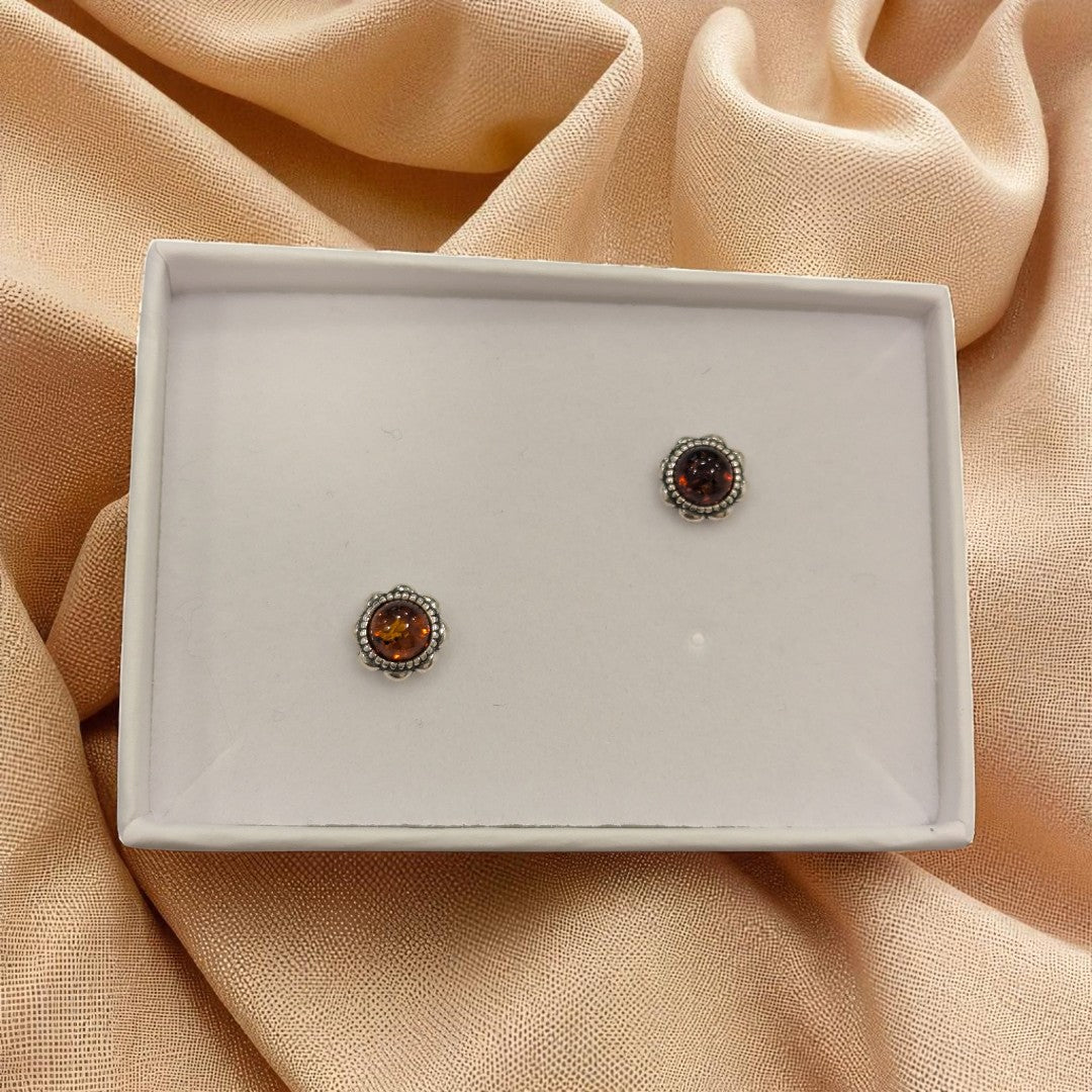 Sterling Silver Baltic Amber Ornate Round Stud Earrings