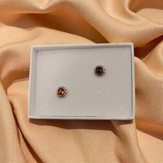 Sterling Silver Baltic Amber Ornate Round Stud Earrings