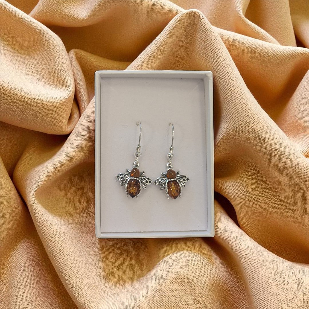 Sterling Silver Amber Bee Drop Earrings