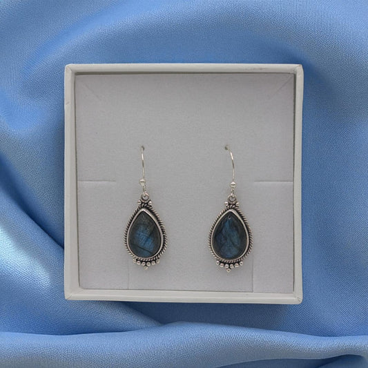 Sterling Silver Ornate Labradorite Drop Earrings 1.25"
