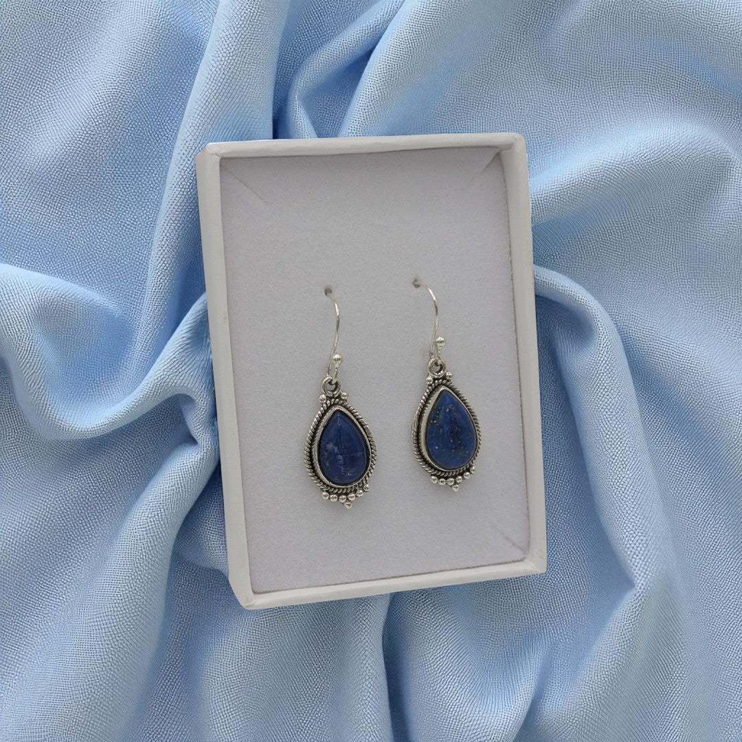 Sterling Silver Ornate Lapis Lazuli Drop Earrings 1.25"