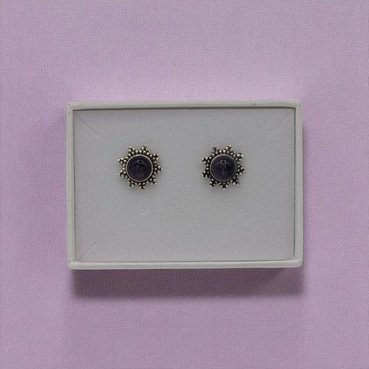 Sterling Silver Amethyst Sunburst Stud Earrings 0.5"