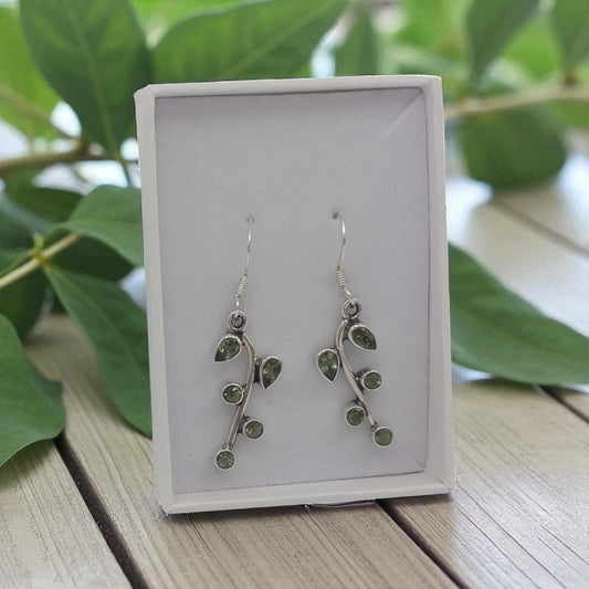 Sterling Silver Peridot Multi Stone Leaf Style Drop Earrings 1.5"