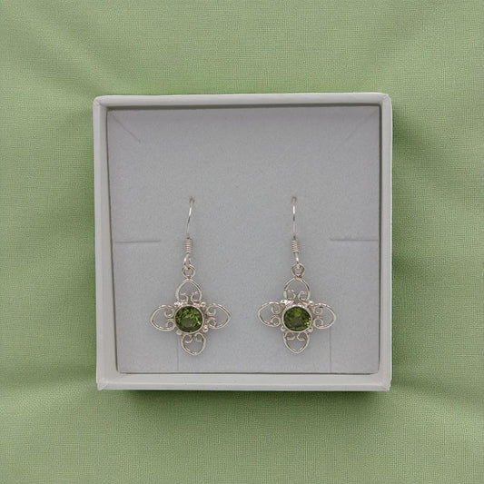 Sterling Silver Peridot Four Leaf Flower Style Drop Earrings 1.3"