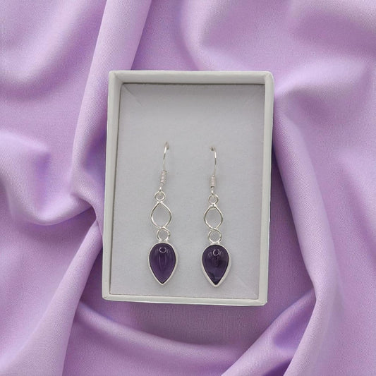 Sterling Silver Amethyst Love Spoon Design Drop Earrings 1.6"