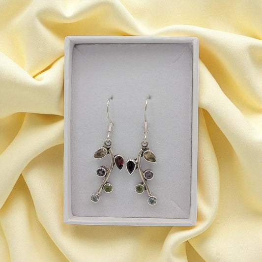 Sterling Silver Multi Stone Leaf Style Drop Earrings 1.5"