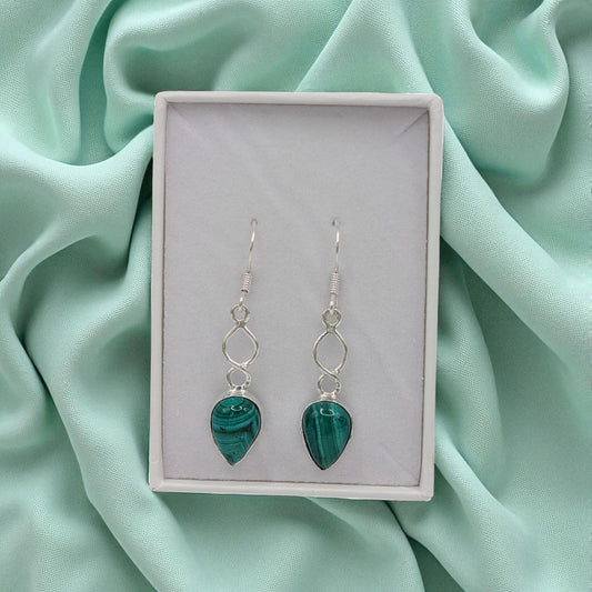Sterling Silver Malachite Love Spoon Design Drop Earrings 1.6"