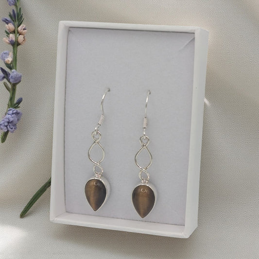 Sterling Silver Tigers Eye Love Spoon Design Drop Earrings 1.6"