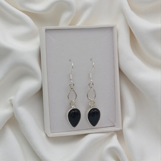 Sterling Silver Black Onyx Love Spoon Design Drop Earrings 1.6"